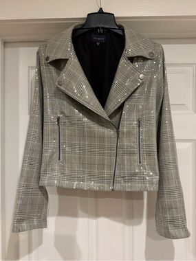 Skies Are Blue Gray Plaid Sequin Moto Blazer